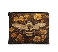 Aesthetic Fall Bee Makeup Bag 7''x9'' for Travel Pouch, Vintage Autumn Daisy Retro Print Cosmetic Pouch for Women Gift, Insect Portable Canvas Zipper Organizer