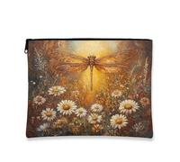 Aesthetic Fall Dragonflies Makeup Bag 7''x9'' for Travel Pouch, Vintage Autumn Daisy Retro Print Cosmetic Pouch for Women Gift, Insect Portable Canvas Zipper Organizer