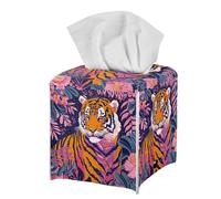 Aesthetic Floral Tiger Tissue Box Holder Square PU Leather Tissue Cube Box Organizer for Home Bathroom Living Room Decorative Waterproof Pink Tissue Box Cover