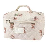Aesthetic Floral Toiletry Organizer Bag Quilted Makeup Bag Trousse de Toilette Femme Voyage Trousse Maquillage (White Bear)