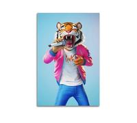 Aesthetic Funny Blue Anime Singing Tiger Canvas Wall Art Whimsical Animal Artwork Hanging Paintings Poster Fun Decor for Living Room Bedroom for Men And Women 24x36inch(60x90cm)