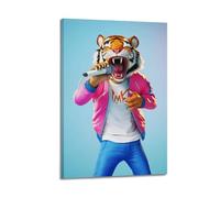 Aesthetic Funny Blue Anime Singing Tiger Canvas Wall Art Whimsical Animal Artwork Hanging Paintings Poster Fun Decor for Living Room Bedroom for Men And Women 20x30inch(50x75cm)