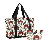 Aesthetic Gothic Skull Roses Raven Goth Carry on Bag with Wet Pocket Adjustable Strap Sports Duffel Bags for Travel 2 Pcs Set for men women
