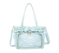 Aesthetic Ita Bag Clear PVC Window Bow Ruffle Tote Bag | PU Satin Crossbody Anime Badge Display Kawaii Macaron Color Detachable Adjustable Strap Large Capacity Shoulder Bag