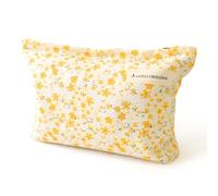 Aesthetic Makeup Bag Cotton, Quilted Floral Make up Bags, Travel Toiletry Bag Women, Daily Use Cosmetic Bags for Girls, Pink Makeup Bag for Purse, Cosmetics Organizer Pouch, Yellow, Floral Fresh