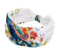 Aesthetic Peacock with Feathers Floral Stretchy Headbands for Women, Non-Slip Hair Bands Fashion Sports Turban for Yoga Workout Daily Use