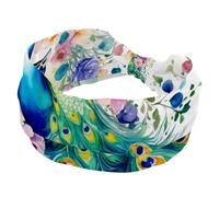 Aesthetic Peacock with Watercolor Flowers Stretchy Headbands for Women, Non-Slip Hair Bands Fashion Sports Turban for Yoga Workout Daily Use
