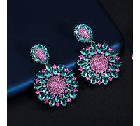 Aesthetic Pink and Blue Cubic Zirconia Crystal Big Dangle Drop Flower Party Earrings for Women