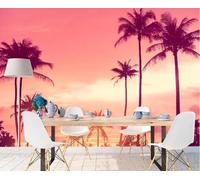 Aesthetic Pink Sky Coconut Tree Art Modern 3D Wallpaper Premium Textured Silk Neutral Tones Material Ideal for Living Room Bedroom-350cm×256cm