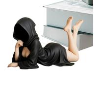 Aesthetic Sculpture - Abstract Art Ornament | Reading Women Thinking Statue, Bookshelf Sculptures, 3D Handmade Black Dressed Figurine, Gothic Grotesque Cute Halloween Mysterious