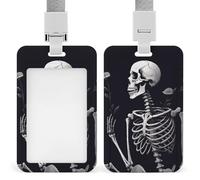 Aesthetic Skeleton Id Badge Holder with Lanyard, Clear Vertical Card Protector Waterproof, Breakaway Safety Neck Strap, Heavy Duty Name Tag Holder for Nurse Teacher Officer Staff Women Men