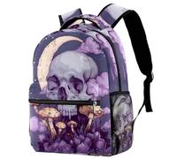 Aesthetic Skull Mushroom Moon Plant Purple Backpack for Teen Girls Boys, School Bag for Elementary Middle Students