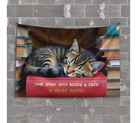 Aesthetic Tapestry Time Spent with Books and Cats is Never Wasted Tapestry Home Decor Men Stuff for Boys Room(100X150CM)