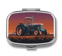 Aesthetic Tractor Pill Box 2 Compartment, Portable Pill Case with Mirror for Pocket Purse Travel, Mini Metal Medicine Organizer for Vitamins Fish Oil