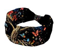 Aesthetic Tree of Life with Full Moon Colorful Butterflies and Flowers Wide Headbands for Women, Yoga Workout Head Bands Wide Elastic Hair Bands for Washing Face Makeup