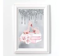 Aesthetic Wall Poster, Glam Books Perfume Print, Shoe Bedroom Wall Art, No Frame, Digital Glitter,Pink Silver Grey Office Picture A4 (3)