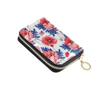 Aesthetic Women's Wallets Leather RFID Blocking Credit Card Wallets Cute Red Poppies Blue Leaves Coin Purse Pouch with Zipper