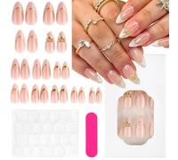 Aesthetics Almond Press On Nails French Tips Line Bow Artificial Nails for Sticking Golden Edge Curve Wave Bow Fake Nails French Nails Press On Lines Sanding Fingernails for Sticking