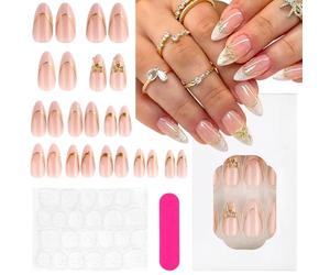 Aesthetics Almond Press On Nails French Tips Line Bow Artificial Nails for Sticking Golden Edge Curve Wave Bow Fake Nails French Nails Press On Lines Sanding Fingernails for Sticking