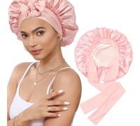 Aestustheri Silk Bonnet for Sleeping - Adjustable Satin with Tie Band - Pink Hair Bonnet for Women - Curly Hair, Braids, and Care - Comfortable and Breathable