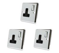 AET CPC1GSOCBC Polished Chrome Classical 1 Gang Black Insert Metal Rocker Switch-13 Amp Single Plug Socket (Pack of 3)