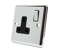 AET CPC1GSOCBC 13 A 1-Gang Polished Chrome Classical Single Plug Socket with Black Insert Metal Rocker Switch