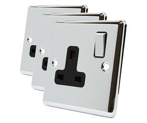 AET CPC1GSOCBC Polished Chrome Classical 1 Gang Black Insert Metal Rocker Switch-13 Amp Single Plug Socket (Pack of 3)