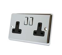 AET CPC2GSOCBC 13 A 2-Gang Polished Chrome Classical Double Plug Socket with Black Insert Metal Rocker Switches