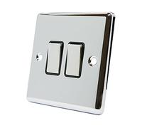 AET CPC2GSWIBC 10 A 2-Gang 2-Way Polished Chrome Classical Double Light Switch with Black Insert Metal Rocker Switches