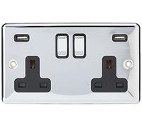 AET CPC2GUSBBC Polished Chrome Classical 2 Gang w Charging Ports Black Insert Metal Rocker Switches-13 Amp Double Plug Socket & Dual USB Power Outlet