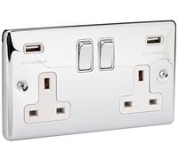 AET CPC2GUSBWC 2 Gang 13 A Double Plug Classical Chrome Polished Socket with USB Charging Ports and White Insert Metal Rocker Switch