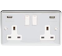 AET CPC2GUSBWH Polished Chrome Classical 2 Gang w Charging Ports White Insert Plastic Rocker Switches-13 Amp Double Plug Socket & Dual USB Power Outlet