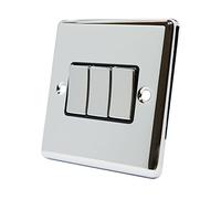 AET CPC3GSWIBC Polished Chrome Classical Black Insert Metal Rocker Switches-10 Amp Triple 3 Gang 2 Way Light Switch, 240 V
