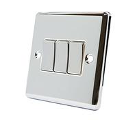 AET CPC3GSWIWC Polished Chrome Classical White Insert Metal Rocker Switch-10 Amp Triple 3 Gang 2 Way Light Switch