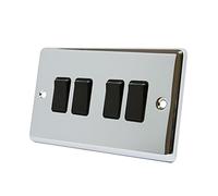 AET CPC4GSWIBL 4 Gang 2 Way 10 A Classical Chrome Polished Black Insert Plastic Rocker Light Switch
