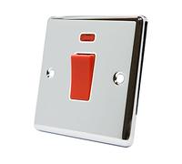 AET CPCCSWWH Polished Chrome Classical 45A White Insert 1-Gang Plate-45 Amp DP Cooker Switch w/Neon Indicator