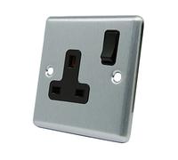 AET CSC1GSOCBL 13 A 1-Gang Satin Finish Chrome Classical Single Plug Socket with Black Insert Plastic Rocker Switch