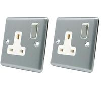 AET CSC1GSOCWS Satin Chrome Classical 1 Gang White Insert Metal Rocker Switch-13 Amp Single Plug Socket, 240 V (Pack of 2)