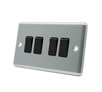 AET CSC4GSWIBL Satin Chrome Classical Black Insert Plastic Rocker Switches-10 Amp Quad 4-Gang 2 Way Light Switch, 240 V