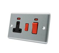 AET CSCCC2NBL Satin Chrome Classical Control Unit w Black Insert-2-Gang 45A Cooker 13A Switched Plug Socket and Neon Indicators, 240 V