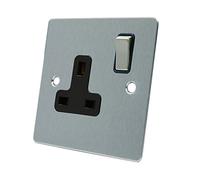 AET FSC1GSOCBS 13 A 1-Gang Satin Chrome Flat Single Plug Socket with Black Insert Metal Rocker Switch