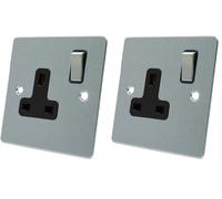 AET FSC1GSOCBS 13 A 1-Gang Satin Chrome Flat Single Plug Socket with Black Insert Metal Rocker Switch (Pack of 2)