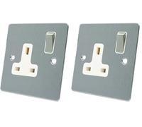 AET FSC1GSOCWS 13 A 1-Gang Satin Chrome Flat Single Plug Socket with White Insert Metal Rocker Switch (Pack of 2)