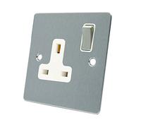 AET FSC1GSOCWS 13 A 1-Gang Satin Chrome Flat Single Plug Socket with White Insert Metal Rocker Switch