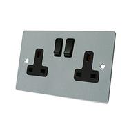 AET FSC2GSOCBL 13 A 2-Gang Satin Chrome Flat Double Plug Socket with Black Insert Plastic Rocker Switches