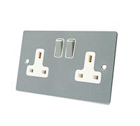AET FSC2GSOCWS Satin Chrome Flat 2 Gang White Insert Metal Rocker Switches-13 Amp Double Plug Socket, 240 V