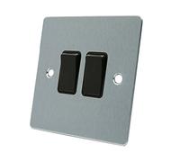 AET FSC2GSWIBL 10 A 2-Gang 2-Way Satin Chrome Flat Double Light Switch with Black Insert Plastic Rocker Switches