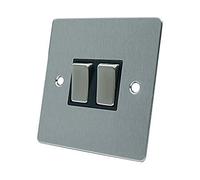 AET FSC2GSWIBS 10 A 2-Gang 2-Way Satin Chrome Flat Double Light Switch with Black Insert Metal Rocker Switches