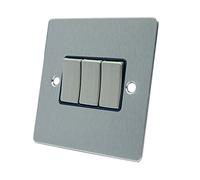 AET FSC3GSWIBS Satin Chrome Flat Black Insert Metal Rocker Switches-10 Amp Triple 3-Gang 2 Way Light Switch, 240 V