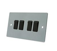 AET FSC4GSWIBL Satin Chrome Flat Black Insert Plastic Rocker Switches-10 Amp Quad 4-Gang 2 Way Light Switch, 240 V